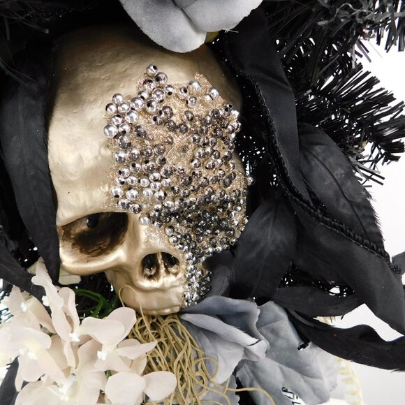 Ashland Halloween Teardrop Swag Wreath Haunted Home Gold Skull Black Gray Roses - Picture 6 of 10